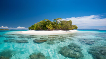 An idyllic tropical island with white sand, surrounded by azure blue water