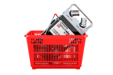 Fototapeta premium Shopping basket with digital voice recorder, 3D rendering