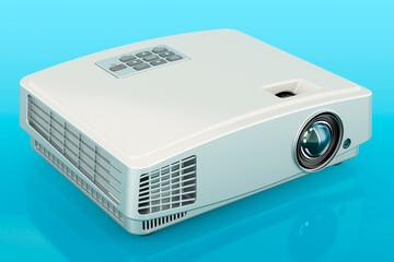 Projector, 3D rendering on blue backdrop