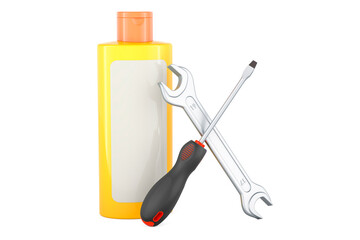 Orange plastic cosmetic bottle with screwdriver and wrench. 3D rendering