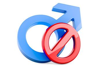 Male gender symbol with prohibition sign. 3D rendering