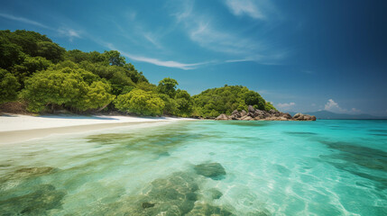 An idyllic tropical island with white sand, surrounded by azure blue water