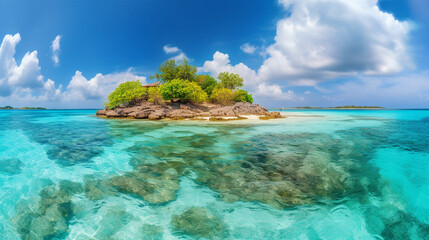 Fototapeta na wymiar An idyllic tropical island with white sand, surrounded by azure blue water