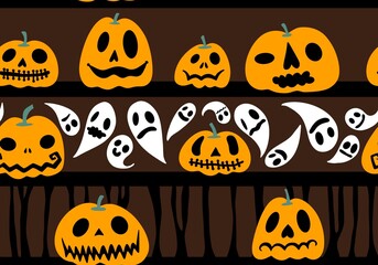 Halloween pumpkins seamless ghost and bones and cat pattern for wrapping paper and linens and fabrics