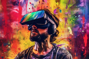 Man with beard face in virtual reality glasses isolated on neon background AI