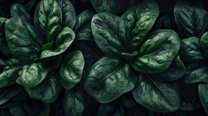 Fototapeta na wymiar Close up spinach full frame fresh vegetable background. Organic spinach. Spinach top down view seamless background. Healthy freshness spinach. Realistic 3D illustration. Generative AI