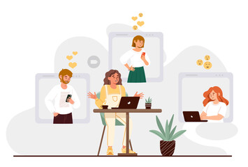 Video conference with people. Young girl at laptop communicates with friends and colleagues. Remote employee or freelancer. Modern technologies and digital world. Cartoon flat vector illustration
