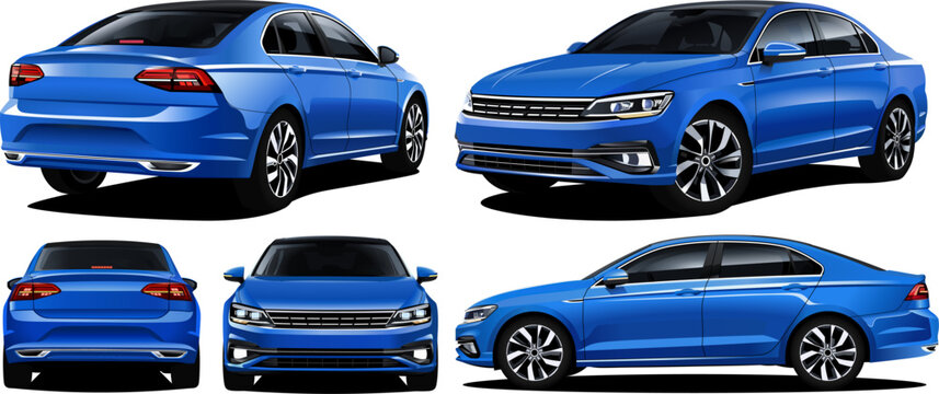 Vector Realistic 3D Isolated Blue Car Sedan with gradients color, in front, back, side and isometric view with manual tracing and high details  