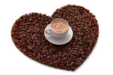 Ceramic coffee cup with coffee beans for americano, espresso, latte on white