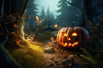 Naklejka premium Spooky pumpkin amidst forest during Halloween season. Halloween pumpkin lies on the ground among autumn leaves. Realistic 3D illustration. Generative AI