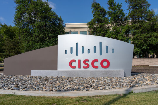 Cisco sign at its headquarters in San Jose, California, USA - June 8, 2023. Cisco Systems, Inc., is an American-based multinational digital communications technology conglomerate corporation.