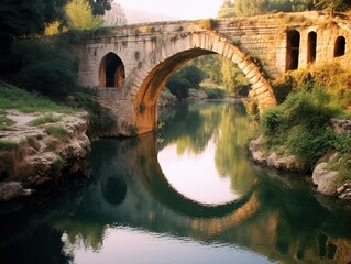 Roman bridge.arch bridge across the river. Monument of ancient Roman architecture. Generative AI