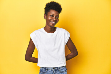 Elegant African woman, short hair, white tank top, Elegant African woman, short hair, white tank tophappy, smiling and cheerful.