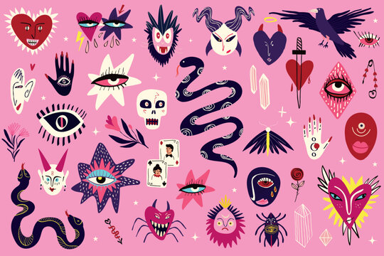 A set of strange charming clipart's with magical mystical esoteric magical Gothic symbols for the Halloween holiday