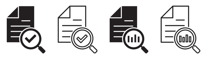 Fototapeta na wymiar Set of review icon. Audit symbol, document, business concept. Research icon, verification, control. Checklist magnifying assessment. Vector.