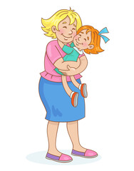 Happy mother holds her little daughter in her hands. They stand embracing.  In cartoon style. Isolated on white background.  Vector illustration
