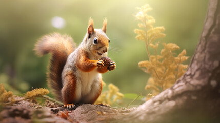 Squirrel in autumn portrait of squirrel yellow park with fallen leaves. Red squirrel on a tree stump with nuts. Realistic 3D illustration. Generative AI - obrazy, fototapety, plakaty