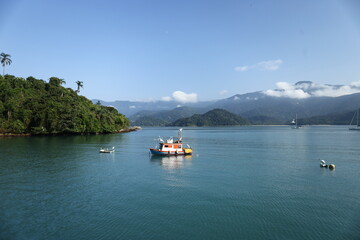 Obraz premium Uma cena apaixonante na Baía de Paraty, onde uma traineira de pesca é graciosamente sobrevoada por aves marinhas. Entitulada Patrimônio Mundial pela UNESCO, oferece um cenário de tirar o fôlego.