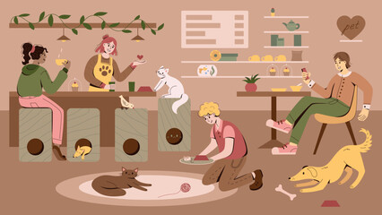 Pet friendly cafe or restaurant with people visitors, dogs, cats and other animals. Vector flat characters illustrations for web design