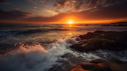 Fototapeta premium Breathtaking sunset over the ocean, with vibrant colors on the horizon
