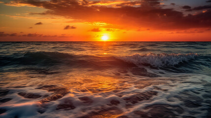 Naklejka premium Breathtaking sunset over the ocean, with vibrant colors on the horizon