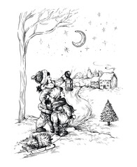 Christmas greeting card with kids and winter landscape. Ink sketch style. 
