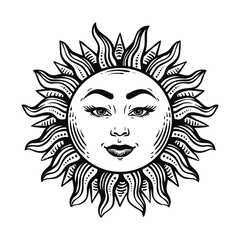 Happy smiling vintage sun, engraved art. Ink vector style