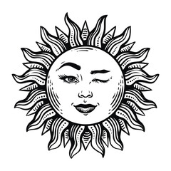 Happy smiling winking vintage sun, engraved art. Ink vector style