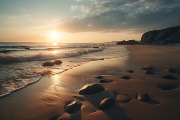Fototapeta na wymiar A beautiful sunrise over the beach and sea on a summer morning. Generative AI