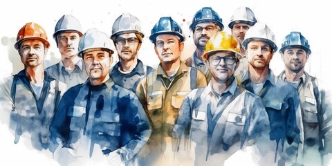 On a clean white background, a diverse group of working people is depicted with vibrant watercolors. AI Generated.