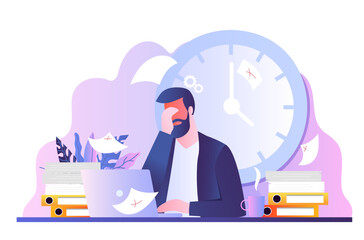 Work problem concept. Man covers his head with his hand against background of clock. Poor time management and inefficient workflow. Pressure, panic and stress. Cartoon flat vector illustration