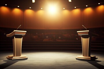 Empowering Democracy, A set with two empty lecterns awaits passionate debates in the political arena. AI Generated