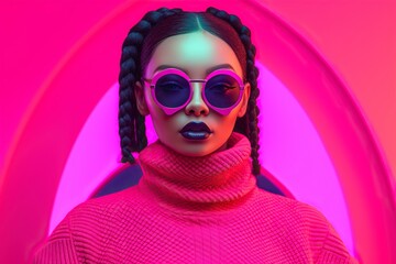 Step into the future of fashion as a young model embraces the allure of colorful neons. AI Generated.