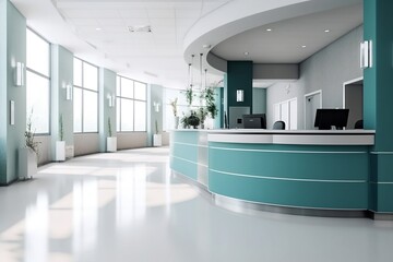 Empty contemporary white turquoise hospital reception room. Ai generative