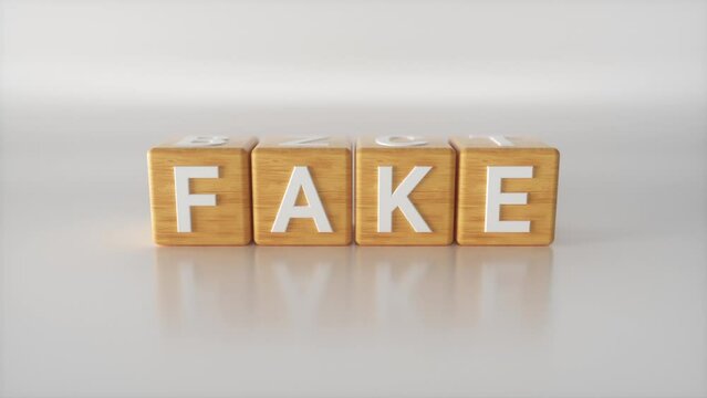 Abstract Fact to fake change concept. Transition with wooden cubes or blocks on white floor background. Fact checkers and fake news, true or false. Minimalist style. 3d buzzwords model animation.