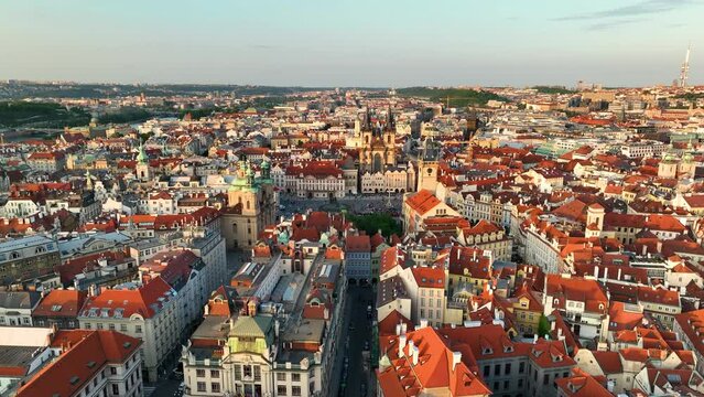 aerial view of the Prague Old Town architecture and old buildings over Vltava river in Prague, Czechia.