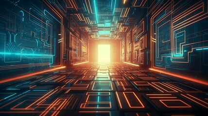 Light in doorway at end of an corridor. Retro futuristic abstract background. Ai generative