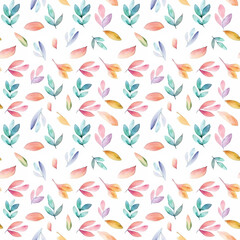 Seamless watercolor pattern on a white background. Nature, leaves and flower petals. Children drawing. Illustration for print, packaging, paper, textile. Bright pastel colors
