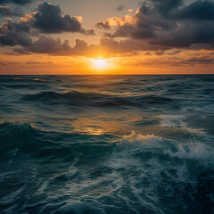 Obraz premium Beautiful sunset on the sea with waves and sun in the sky. Sunset on the sea. Colorful red sunset and bright sun on the horizon of the ocean beach. Generative AI