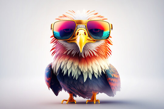 Cartoon colorful eagle with sunglasses on white background. Created with generative AI