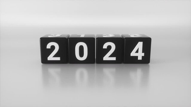 Abstract 2023 to 2024 new year concept transition with black cubes or blocks on white background. Change calendar. Minimalist style counter. 3d model of 4 dices with numbers.