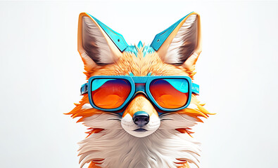 Cartoon colorful fox with sunglasses on white background. Created with generative AI