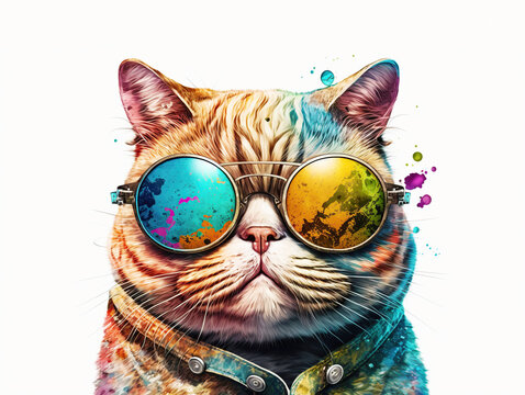 Cartoon colorful cat with sunglasses on white background. Created with generative AI