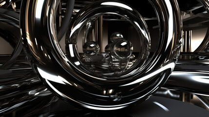 Abstrakter 3D-Hintergrund mit Ring- und Kugelelementen aus Chrom.
