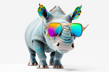 Cartoon colorful rhinoceros with sunglasses on white background. Created with generative AI - obrazy, fototapety, plakaty
