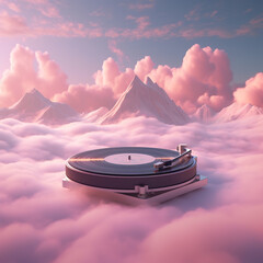 Surreal landscape featuring a giant vinyl record player. Fantasy landscape with vinyl record player on pastel sky and clouds on sound waves. Realistic 3D illustration. Generative AI - obrazy, fototapety, plakaty