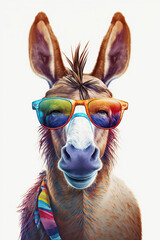 donkey in sunglasses, white background, colorful donkey