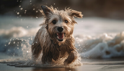 Cute terrier puppy splashing in wet nature, playful and joyful generated by AI