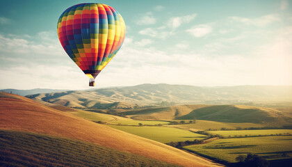 Obraz premium Leisurely flying high in multi colored hot air balloon adventure generated by AI