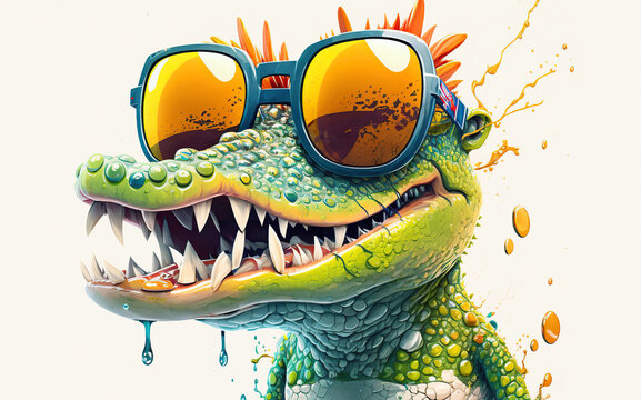 Cartoon colorful crocodile, alligator with sunglasses on white background. Created with generative AI